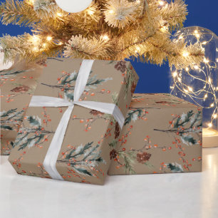 Rustic Kraft All Winter Spruce Cones Ilex Berries Wrapping Paper