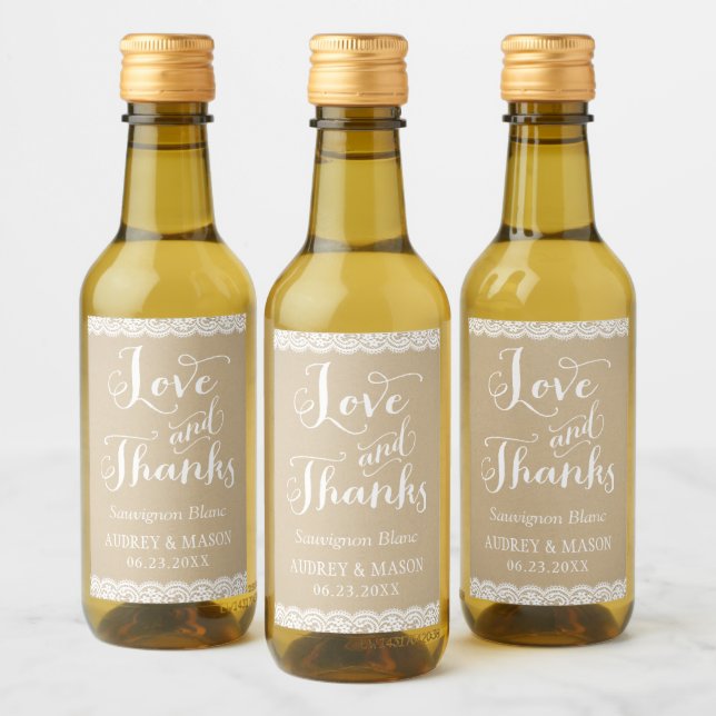 Rustic Kraft and Lace Love and Thanks Wine Label (Bottles)