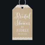 Rustic Kraft and Lace Wedding Bridal Shower Gift Tags<br><div class="desc">Wedding favour tags feature "Bridal Shower" in white script,  a monogram of the bride's first name and event date,  a charming illustrated border design of floral lace,  and a background with a rustic kraft brown paper textured appearance.</div>