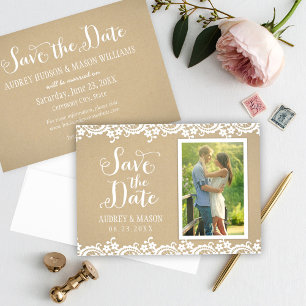 Rustic Kraft and Lace Wedding Photo Save The Date