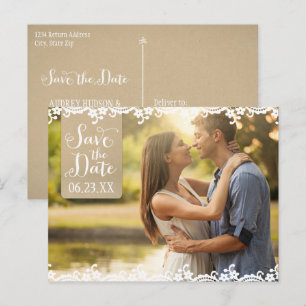 Rustic Kraft and Lace Wedding Photo Save the Date Announcement Postcard