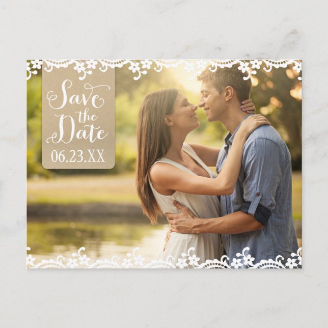 Rustic Kraft and Lace Wedding Photo Save the Date Announcement Postcard (Front)