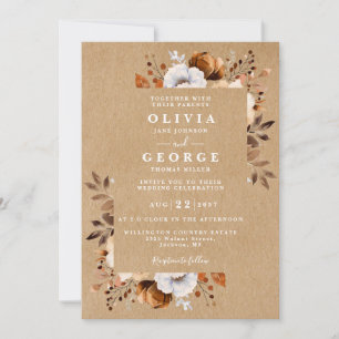 Rustic Kraft Autumn Fall Floral Wedding Invitation