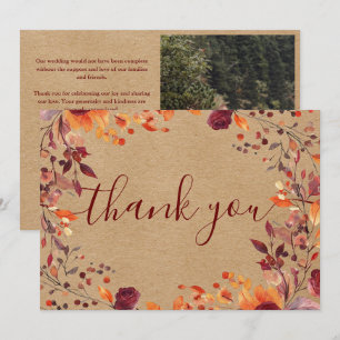 Rustic Kraft Autumn Fall Floral Wedding Photo Thank You Card