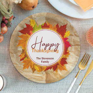 Rustic Kraft Autumn Leaves Family Thanksgiving Paper Plate