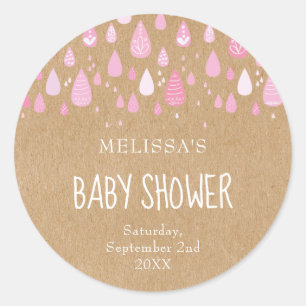 Rustic kraft baby pink raindrops baby shower classic round sticker
