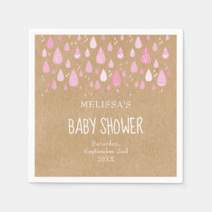 Rustic kraft baby pink raindrops baby shower napkin
