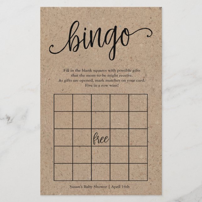 Rustic Kraft Baby Shower Bingo, Paper Game Card (Front)