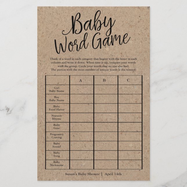 Rustic Kraft Baby Word Game Shower Paper Game Card (Front)