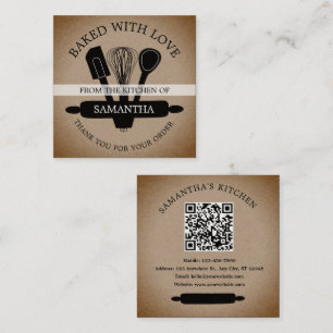 Rustic Kraft Baked With Love QR Code Thank You   Square Business Card