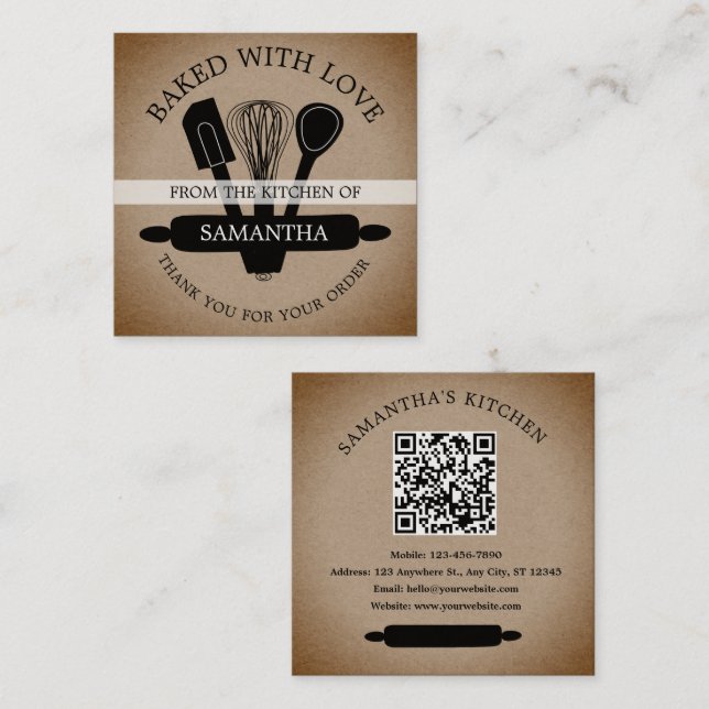 Rustic Kraft Baked With Love QR Code Thank You   Square Business Card (Front/Back)