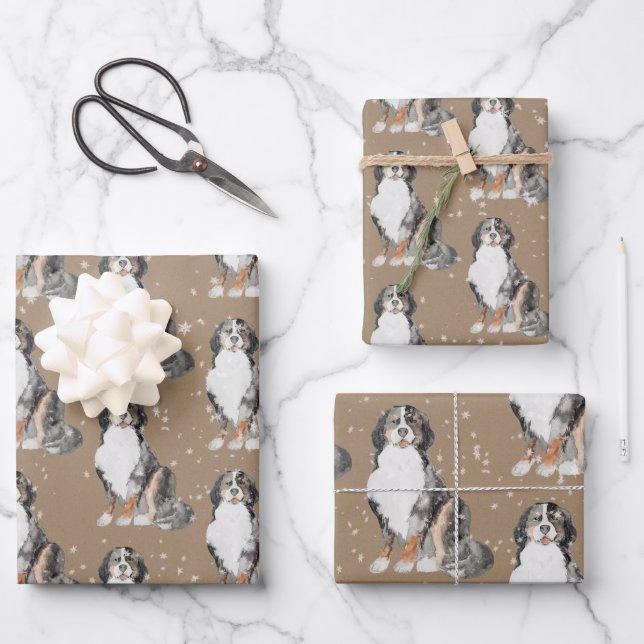 Rustic Kraft Bernese Dogs Under A Dusting Of Snow Wrapping Paper Sheet (Front)