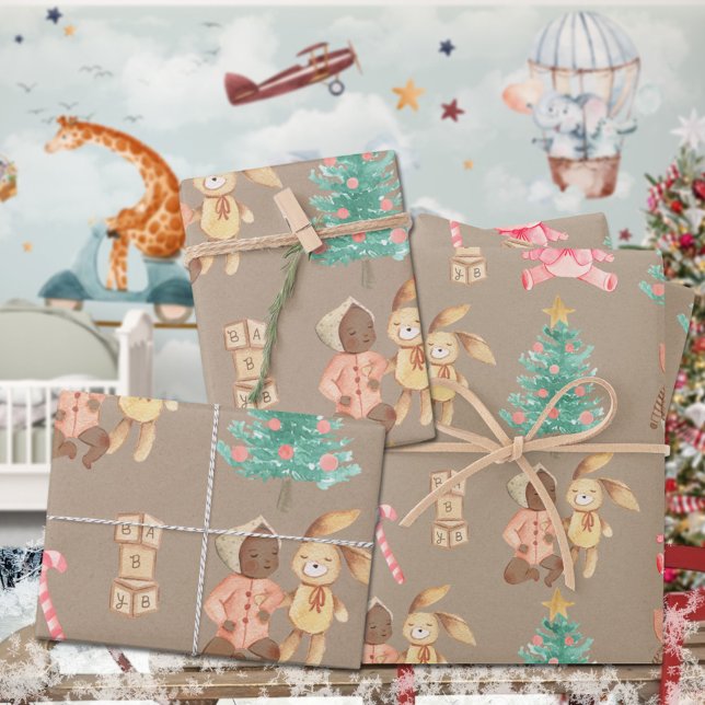 Rustic Kraft Black Baby Girl's First Christmas Wrapping Paper Sheet (Rustic Kraft Black Baby Girl's First Christmas Holiday Gift Wrapping Paper Sheets Trio)