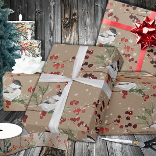 Rustic Kraft Black Cap Chickadee Birds & Berries Wrapping Paper