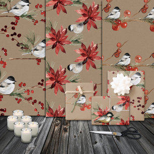 Rustic Kraft Black Cap Chickadee Birds & Berries Wrapping Paper Sheet