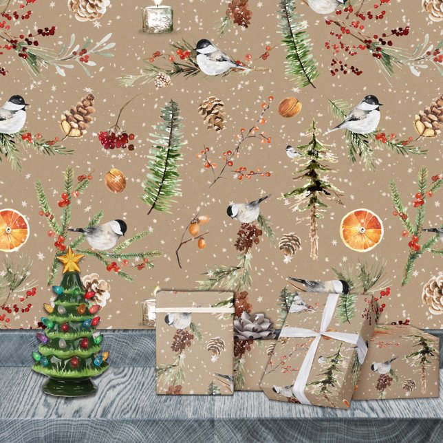 Rustic Kraft Black Cap Chickadee Christmas Party Wrapping Paper (Rustic Kraft Black Cap Chickadee Christmas Party Holiday Wrapping Paper Rolls)