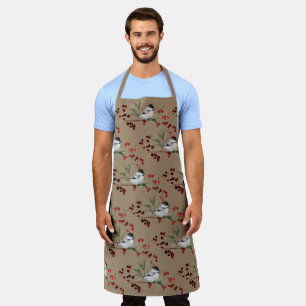 Rustic Kraft Black Cap Chickadees Red Winter Berry Apron