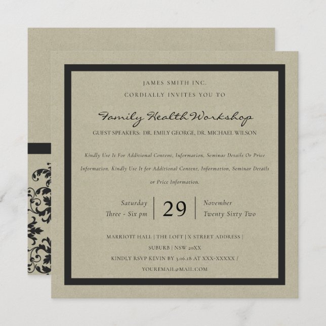 RUSTIC KRAFT BLACK DAMASK CLASSIC WORKSHOP EVENT INVITATION (Front/Back)