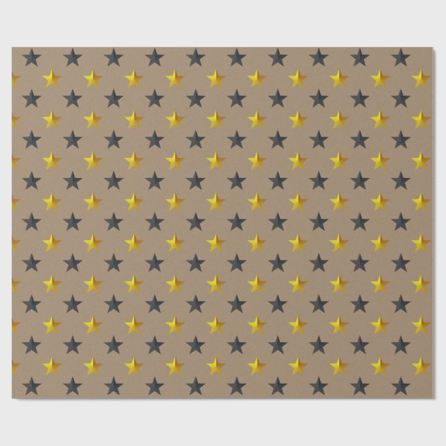 Rustic Kraft Black Gold Stars Holiday Wrapping Paper (Flat)