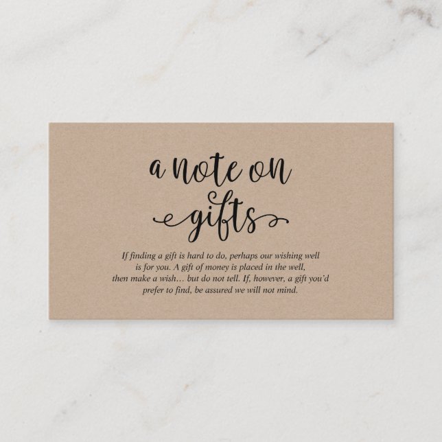 Rustic kraft black script, A note on gifts Enclosure Card (Front)