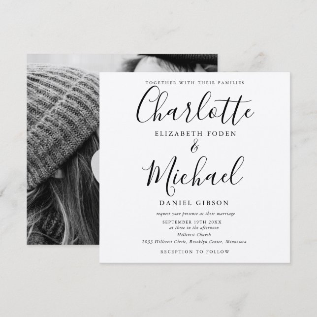 Rustic Kraft Black Script Wedding Photo Invitation (Front/Back)