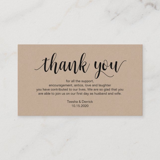 Rustic Kraft, Black Script, Wedding Thank you Enclosure Card (Front)