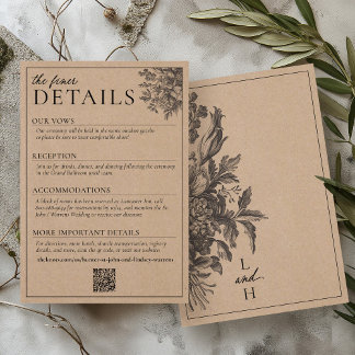 Rustic Kraft Black Vintage Floral Wedding Details Enclosure Card