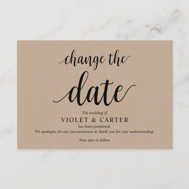 Rustic Kraft, Black, Wedding postpone, Editable Enclosure Card (Front)