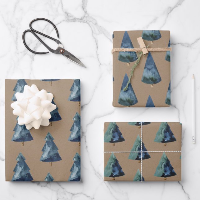 Rustic Kraft Blue & Green Spruce Trees Wrapping Paper Sheet (Front)