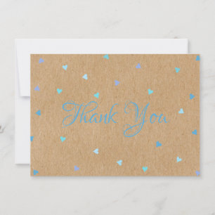 Rustic Kraft Blue Hearts Script Thank You Card
