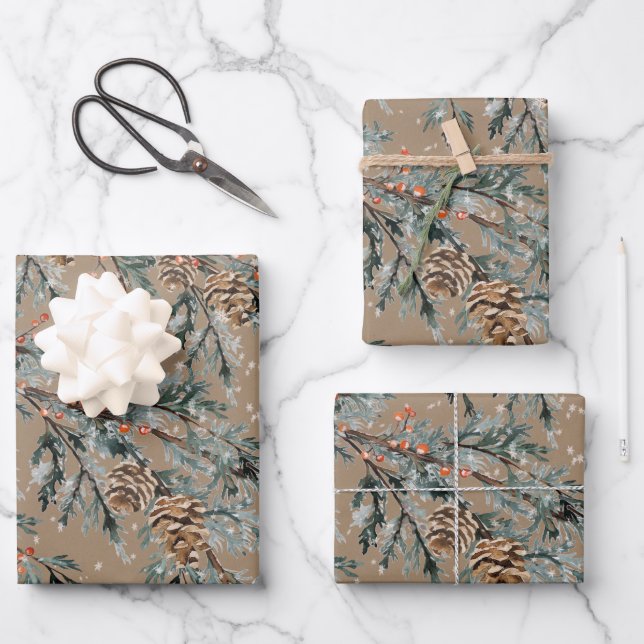 Rustic Kraft Blue Juniper Branch Cones Ilex Berry Wrapping Paper Sheet (Front)