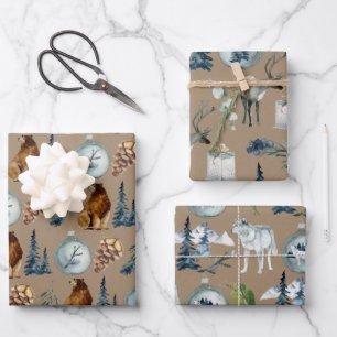 Rustic Kraft Blue Spruce Grizzly Stag Arctic Wolf Wrapping Paper Sheet