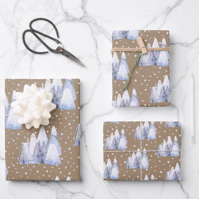 Rustic Kraft Blue White Snowy Ski Chalet Mountains Wrapping Paper Sheet (Front)