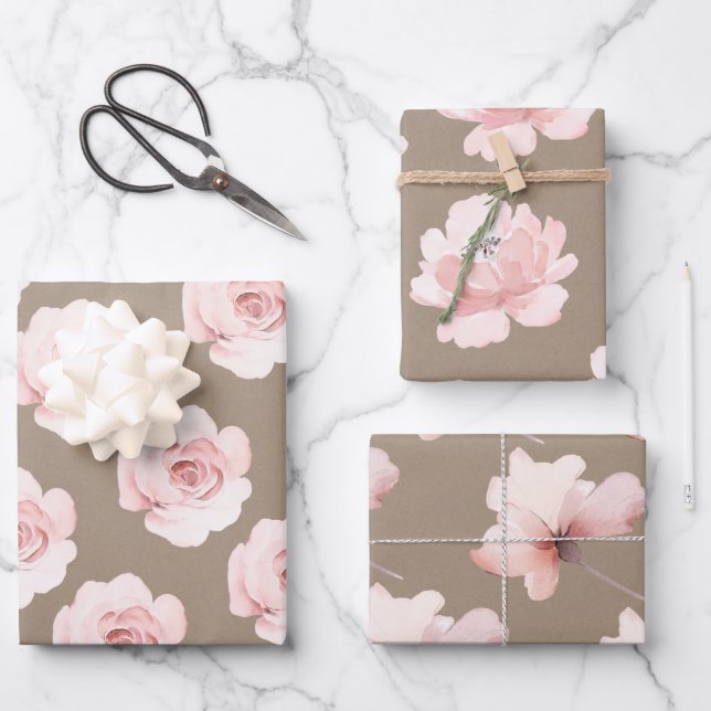 Rustic Kraft Blush Peach Peony Flowers Floral Wrapping Paper Sheet (Front)