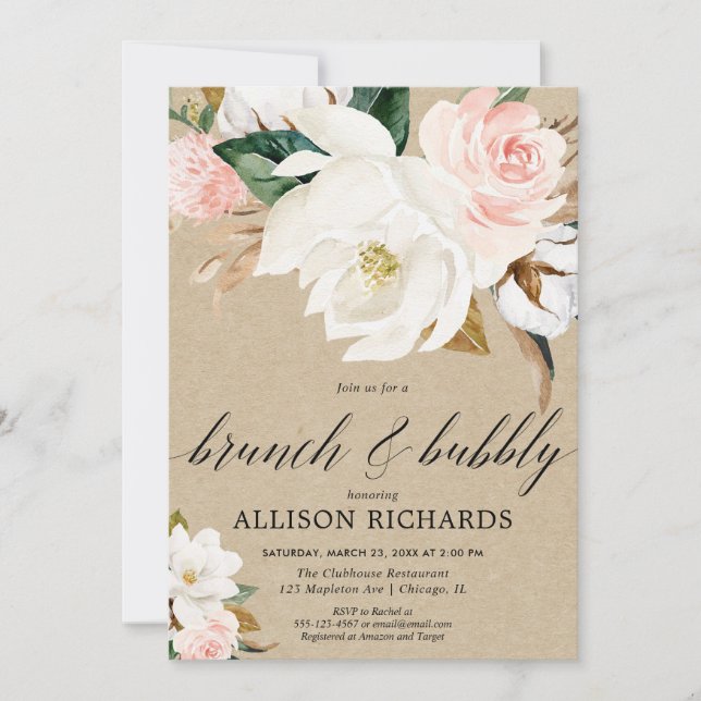 Rustic kraft blush pink magnolia brunch bubbly invitation (Front)