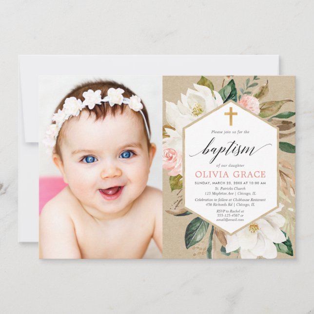 Rustic kraft blush pink white floral baptism photo invitation (Front)