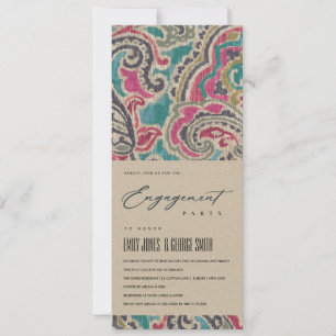 RUSTIC KRAFT BOHO IKAT TRIBAL PINK TEAL ENGAGEMENT INVITATION