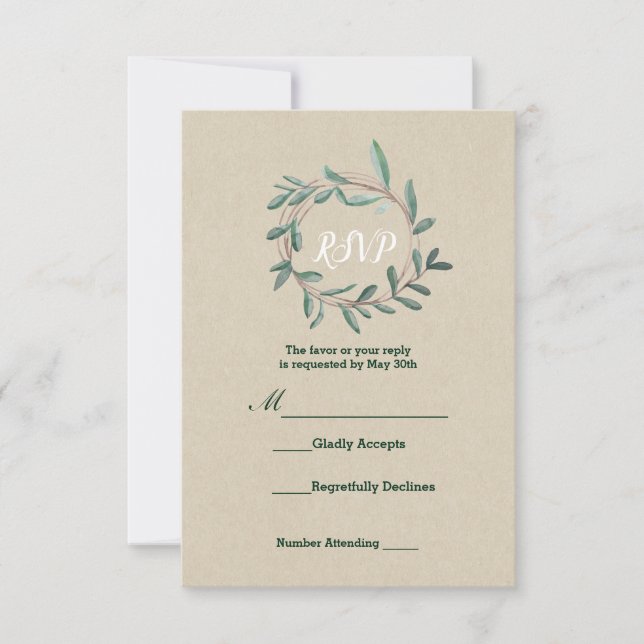 Rustic Kraft Botanical Wreath Leaf Wedding RSVP Card (Front)