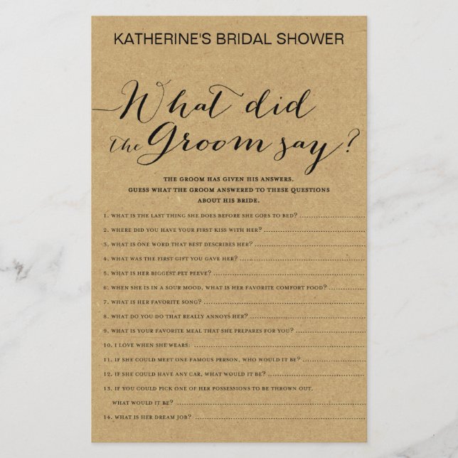 Rustic Kraft Bridal Shower Game PRINTED (Front)