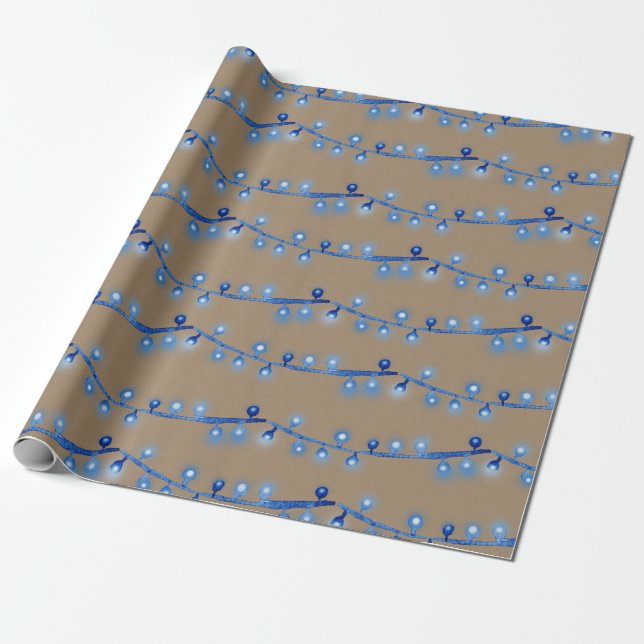Rustic Kraft Bright Blue Christmas String Lights Wrapping Paper (Unrolled)