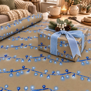 Rustic Kraft Bright Blue Christmas String Lights Wrapping Paper