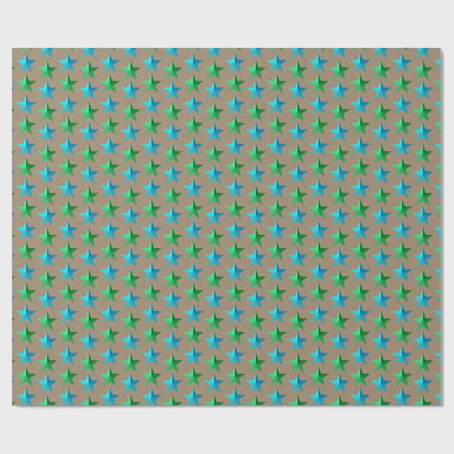 Rustic Kraft Bright Green Blue Stars  Wrapping Paper (Flat)