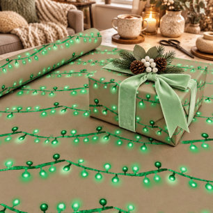 Rustic Kraft Bright Green Christmas String Lights Wrapping Paper