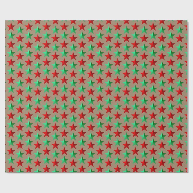 Rustic Kraft Bright Green Red Stars Wrapping Paper (Flat)