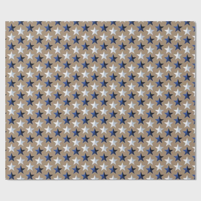 Rustic Kraft Bright Navy Blue Silver Stars  Wrapping Paper (Flat)