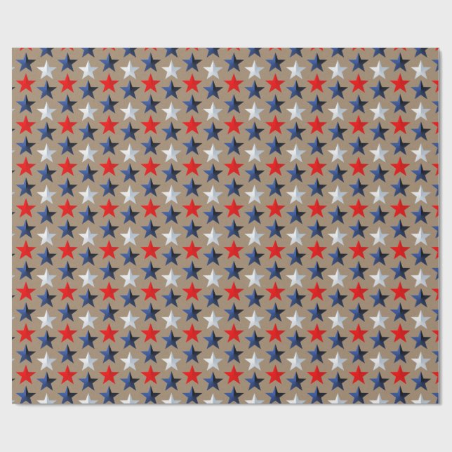 Rustic Kraft Bright Red White & Blue Stars Wrapping Paper (Flat)