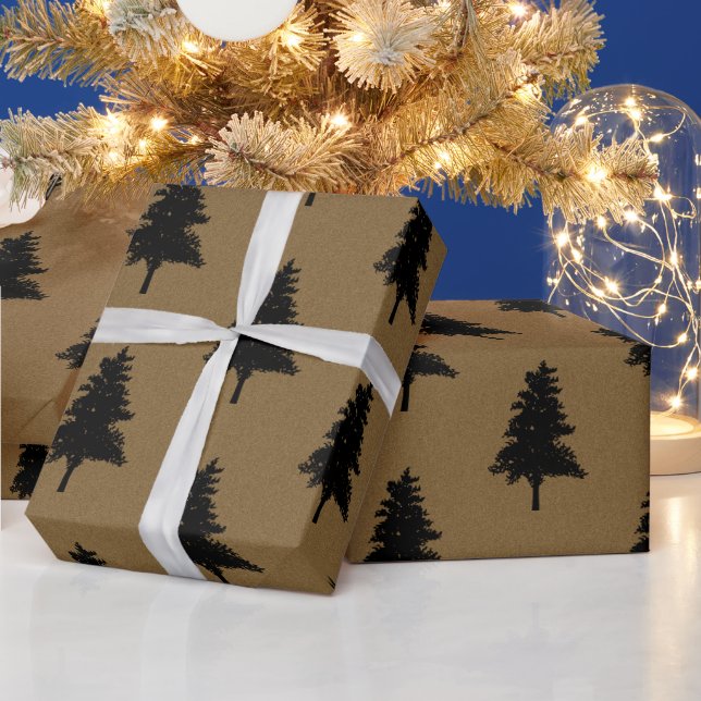 Rustic Kraft Brown Black Christmas Tree Pattern Wrapping Paper (Holidays)