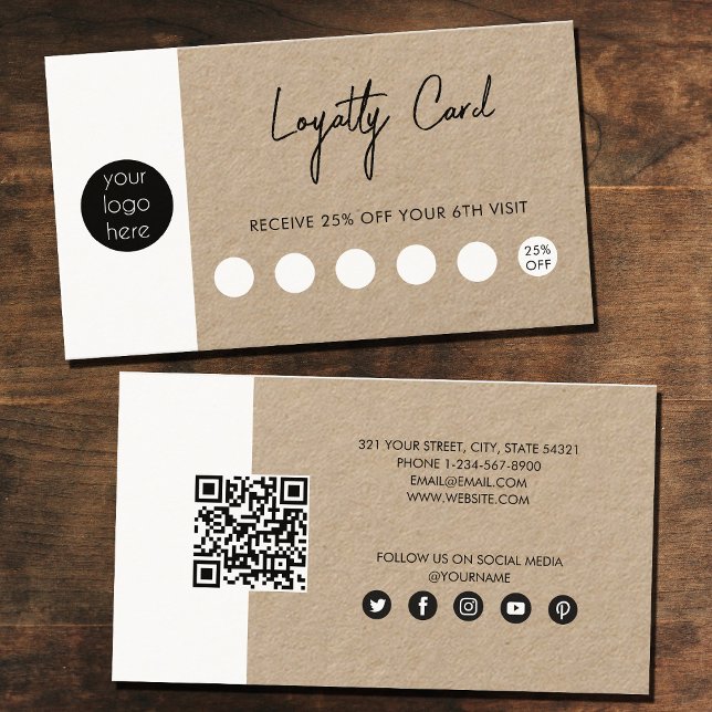Rustic Kraft Brown Loyalty Business Logo QR Code Card (Creator Uploaded)