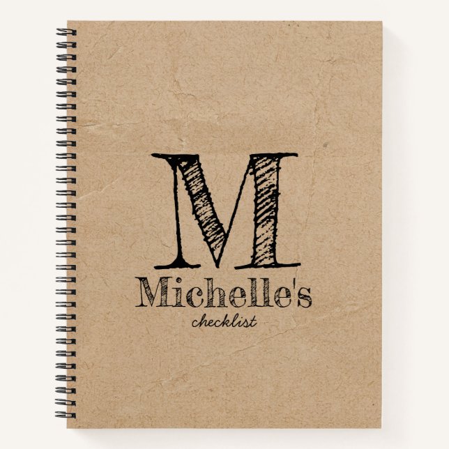 Rustic Kraft Brown Paper Look Monogram Checklist Notebook (Front)