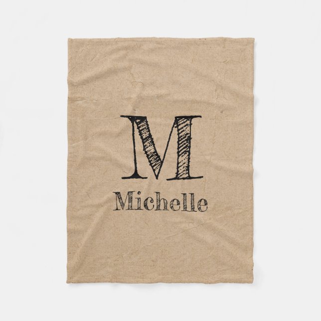 Rustic Kraft Brown Paper Look Monogram Fleece Blanket (Front)